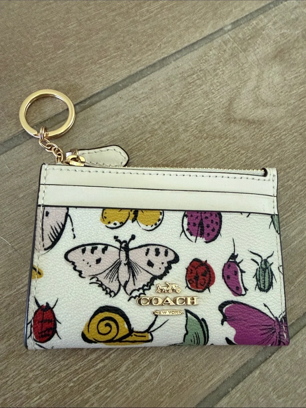 Coach White Leather Butterfly & Bug Print Card Case Keyring CR927